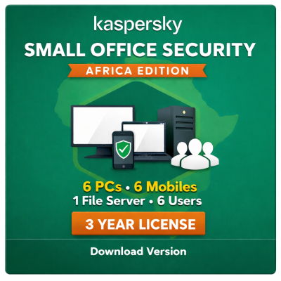 KL4541QDFTS Kaspersky Small Office Security for Desktops, Mobiles and File Servers Africa Edition. 6-Mobile device; 6-Desktop; 1-FileServer; 6-User 3 year Base Download Pack