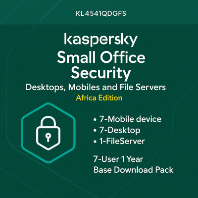 KL4541QDGFS Kaspersky Small Office Security for Desktops, Mobiles and File Servers Africa Edition. 7-Mobile device; 7-Desktop; 1-FileServer; 7-User 1 year Base Download Pack