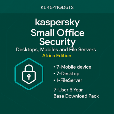 KL4541QDGTS Kaspersky Small Office Security for Desktops, Mobiles and File Servers Africa Edition. 7-Mobile device; 7-Desktop; 1-FileServer; 7-User 3 year Base Download Pack