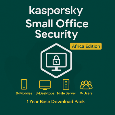KL4541QDHFS Kaspersky Small Office Security for Desktops, Mobiles and File Servers Africa Edition. 8-Mobile device; 8-Desktop; 1-FileServer; 8-User 1 year Base Download Pack