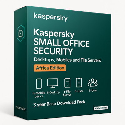 KL4541QDHTS Kaspersky Small Office Security for Desktops, Mobiles and File Servers Africa Edition. 8-Mobile device; 8-Desktop; 1-FileServer; 8-User 3 year Base Download Pack