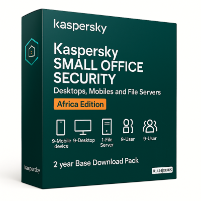 KL4541QDJDS Kaspersky Small Office Security for Desktops, Mobiles and File Servers Africa Edition. 9-Mobile device; 9-Desktop; 1-FileServer; 9-User 2 year Base Download Pack