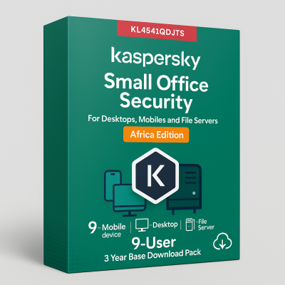 KL4541QDJTS Kaspersky Small Office Security for Desktops, Mobiles and File Servers Africa Edition. 9-Mobile device; 9-Desktop; 1-FileServer; 9-User 3 year Base Download Pack