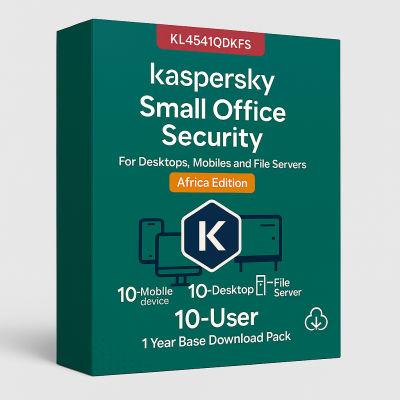 KL4541QDKFS Kaspersky Small Office Security for Desktops, Mobiles and File Servers Africa Edition. 10-Mobile device; 10-Desktop; 1-FileServer; 10-User 1 year Base Download Pack