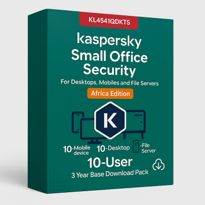 KL4541QDKTS Kaspersky Small Office Security for Desktops, Mobiles and File Servers Africa Edition. 10-Mobile device; 10-Desktop; 1-FileServer; 10-User 3 year Base Download Pack