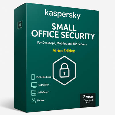 KL4541QDMDS Kaspersky Small Office Security for Desktops, Mobiles and File Servers Africa Edition. 15-Mobile device; 15-Desktop; 2-FileServer; 15-User 2 year Base Download Pack