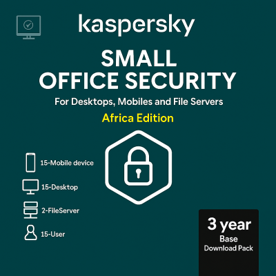 KL4541QDMTS Kaspersky Small Office Security for Desktops, Mobiles and File Servers Africa Edition. 15-Mobile device; 15-Desktop; 2-FileServer; 15-User 3 year Base Download Pack